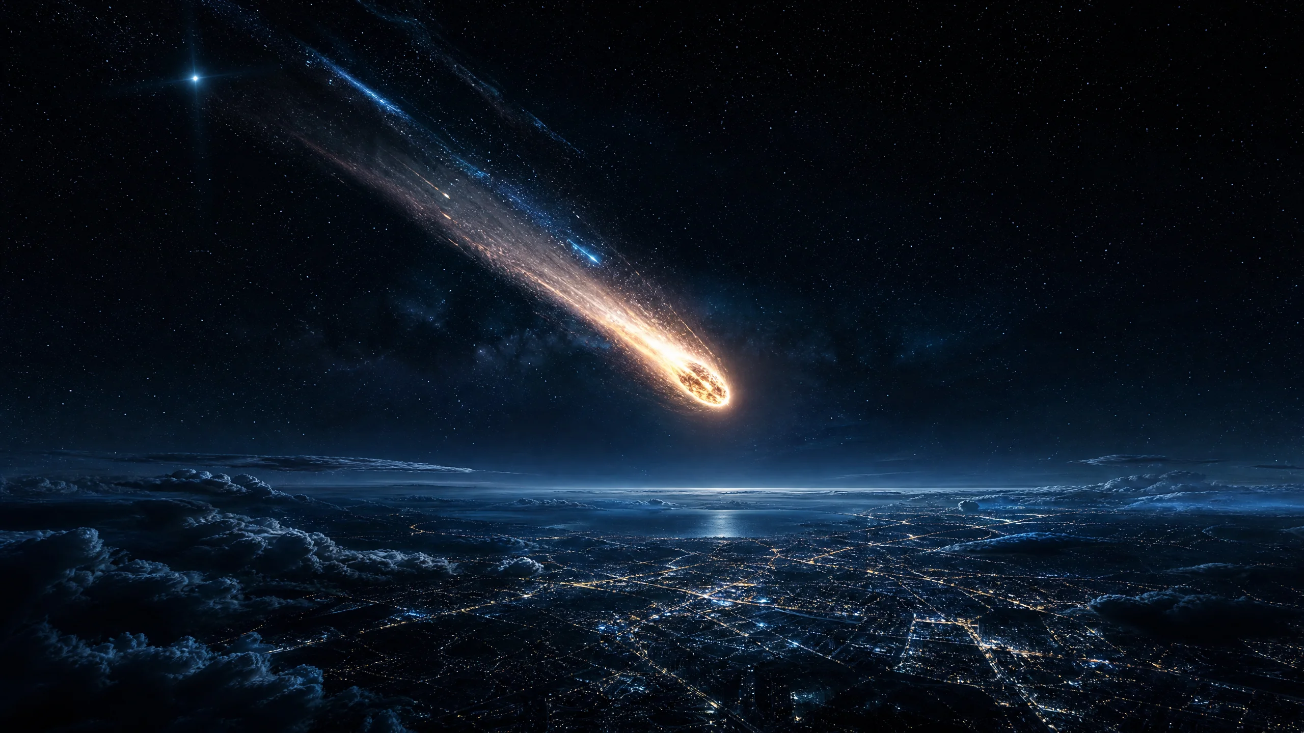 火流星划‍过‍夜空坠落地面的壮观景象