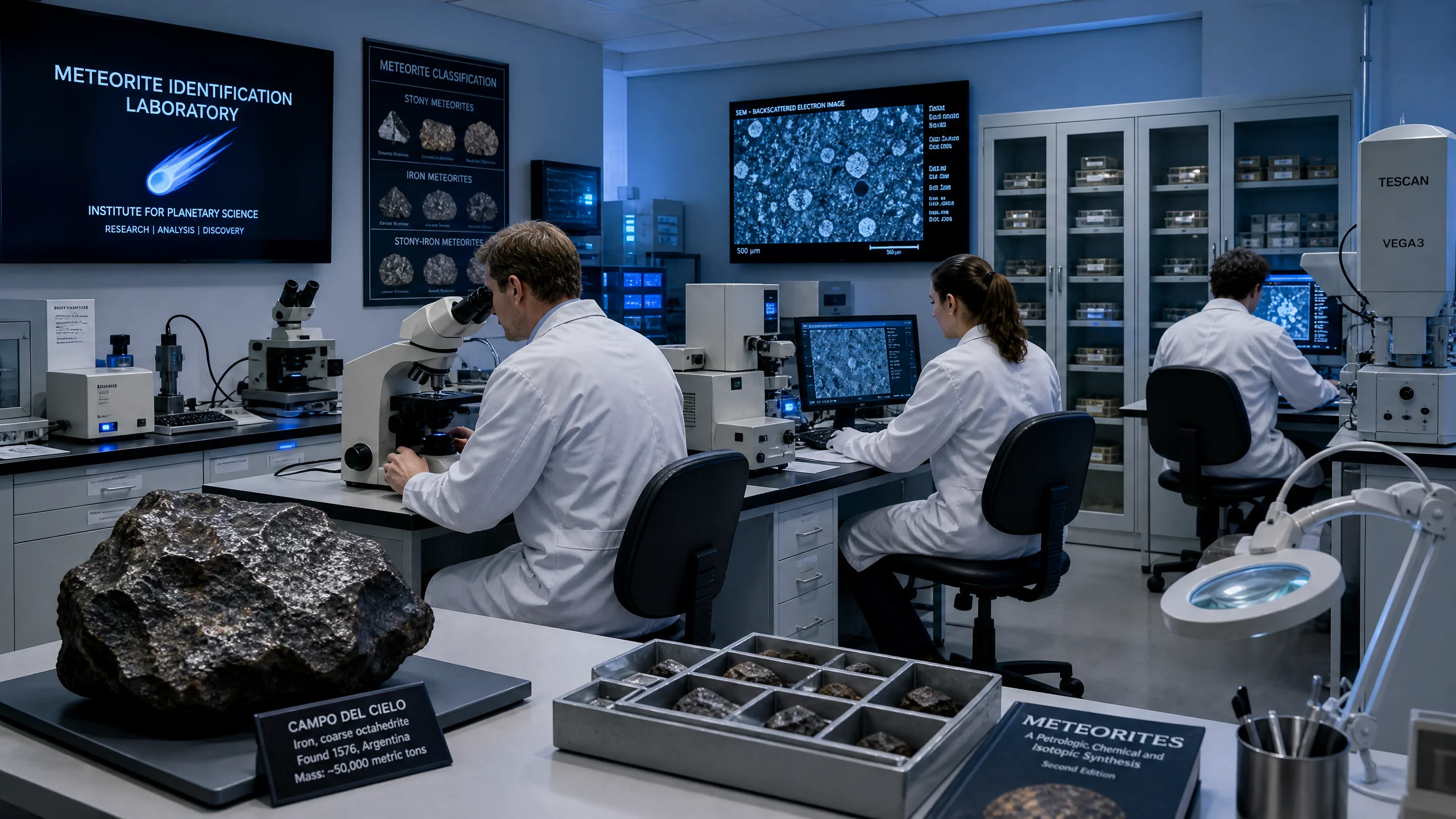 专业陨石鉴定实验室，科学家正在使用显微镜和分析仪​器检测陨石样品